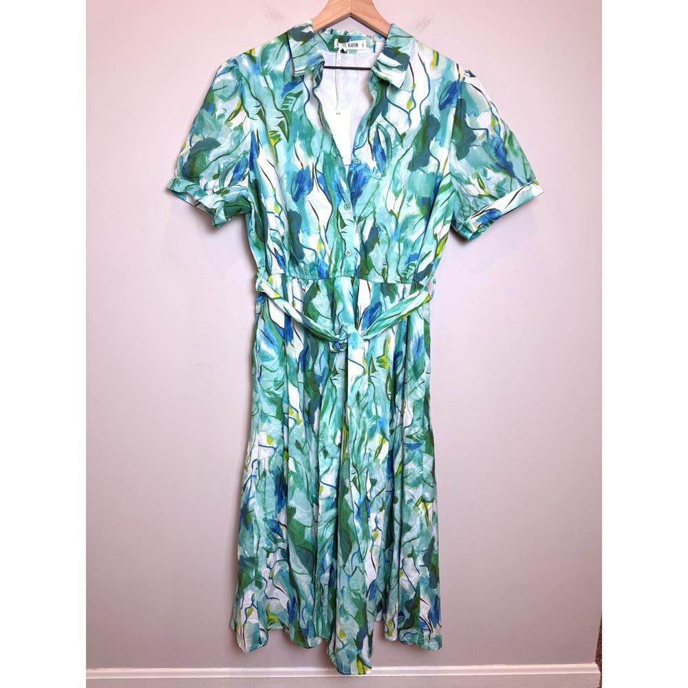 NWT Grace Karin Green Floral Shirt Dress Belted Pockets Cotton Blend Midi L